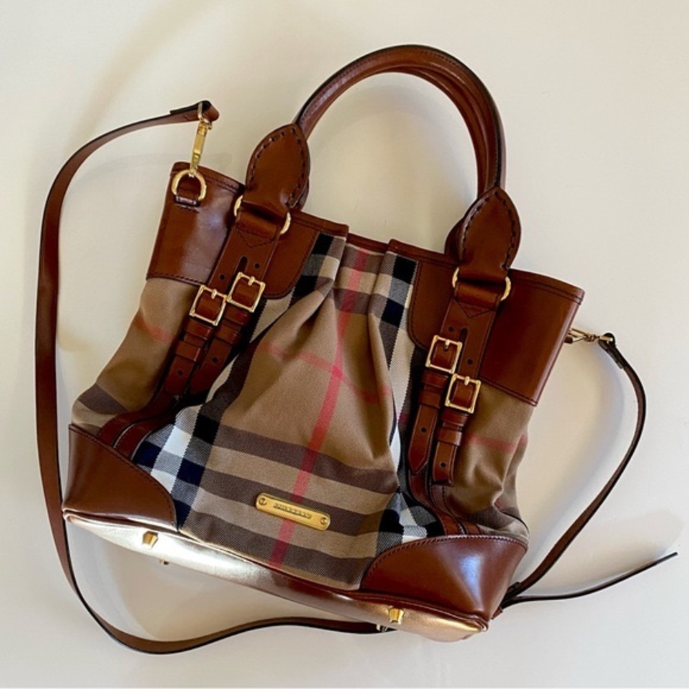 Burberry Vintage Tote House Check Bridle Canvas and Leather Dark Tan